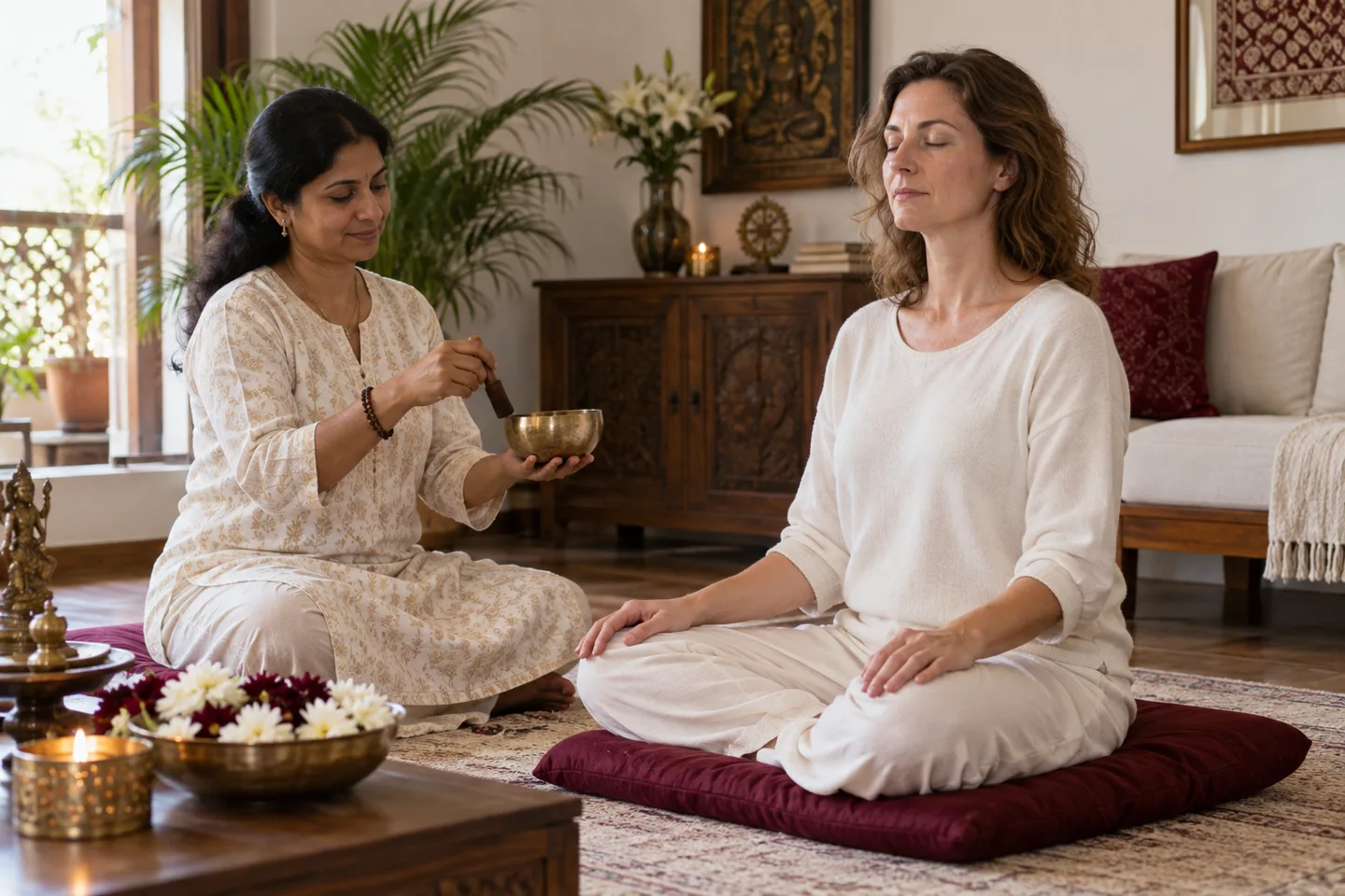 Indian facilitator with a singing bowl beside a European client in meditation (illustrative image)