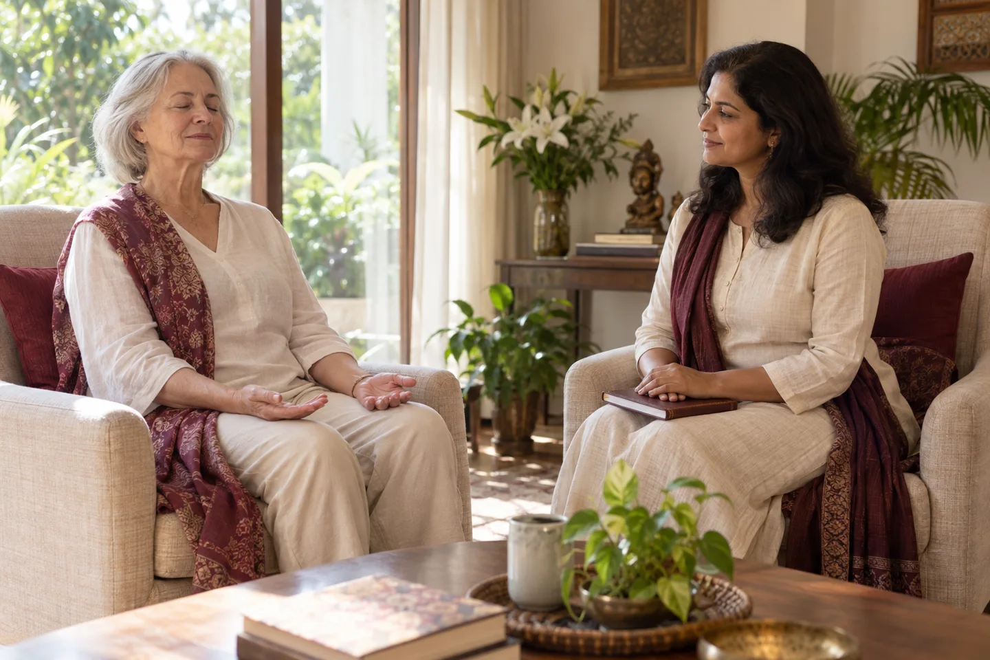 Indian wellness facilitator accompanying an older European woman in quiet reflection (illustrative image)