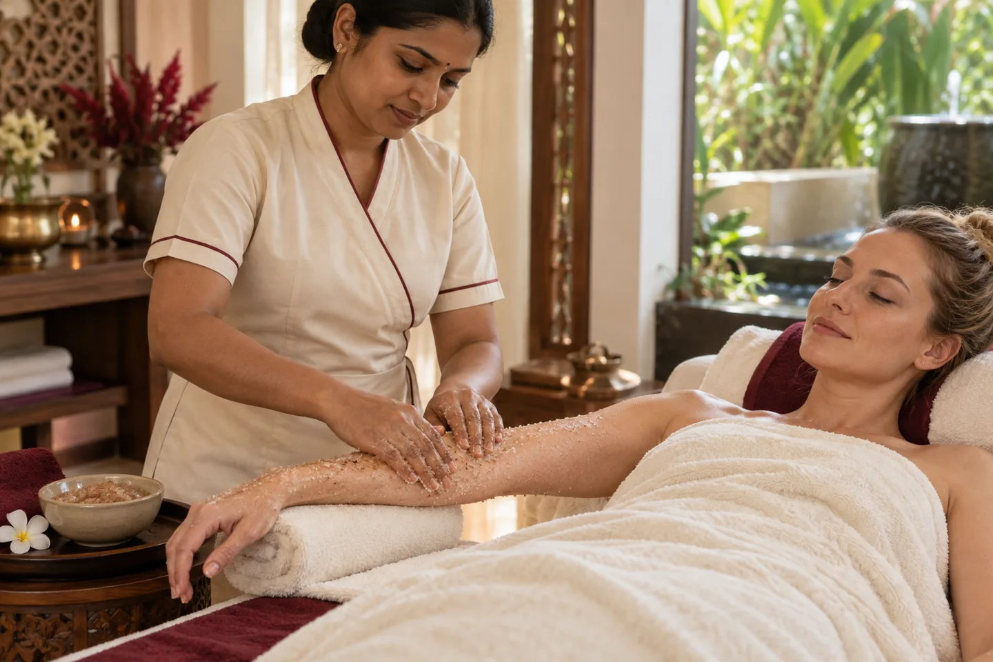 Indian therapist applying a body scrub to a European client’s forearm (illustrative image)