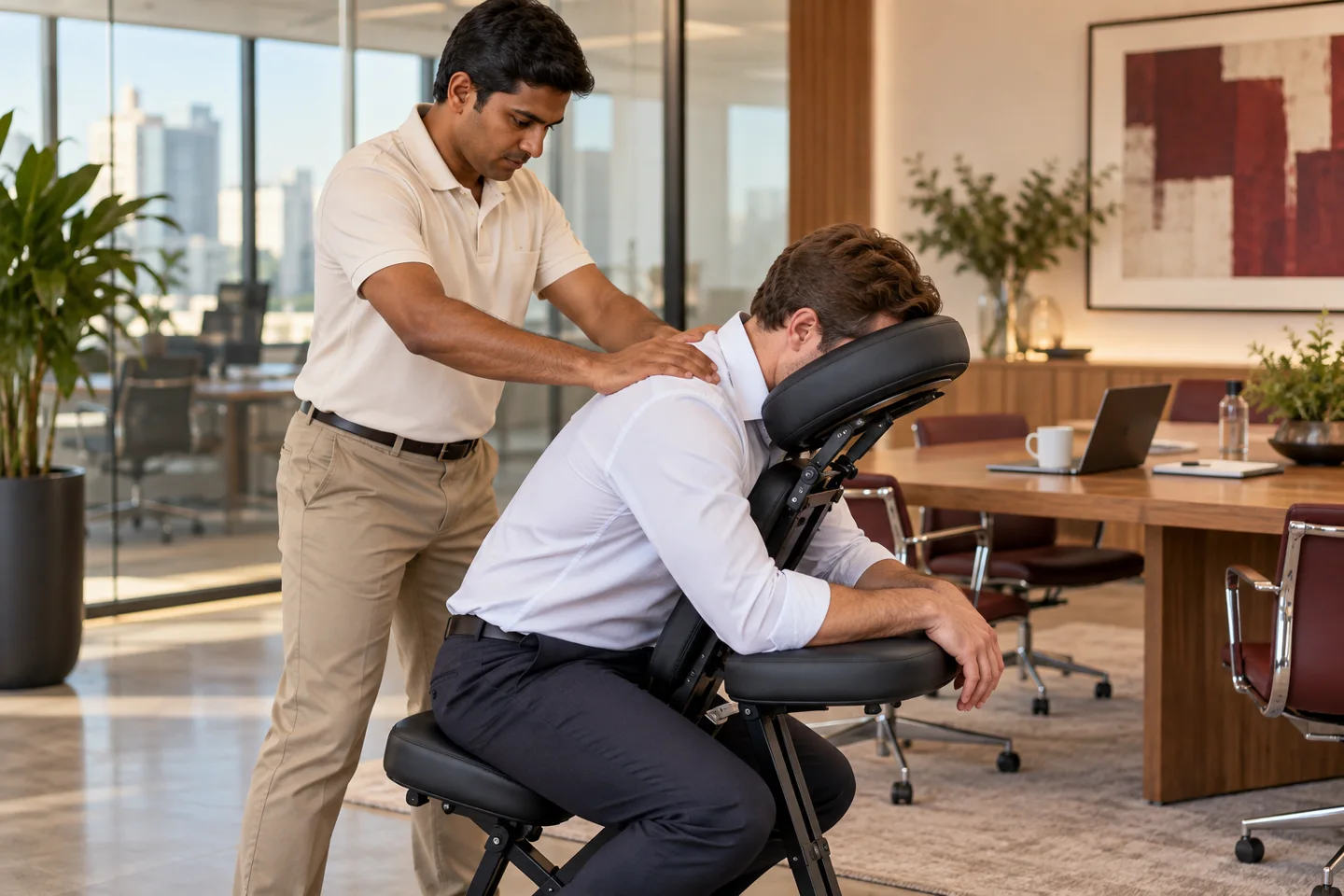 Indian therapist providing chair massage to a European office worker (illustrative image)