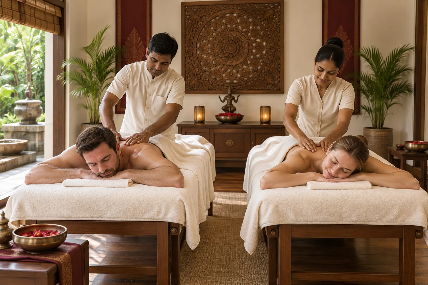 Two Indian therapists massaging a European couple on separate tables (illustrative image)