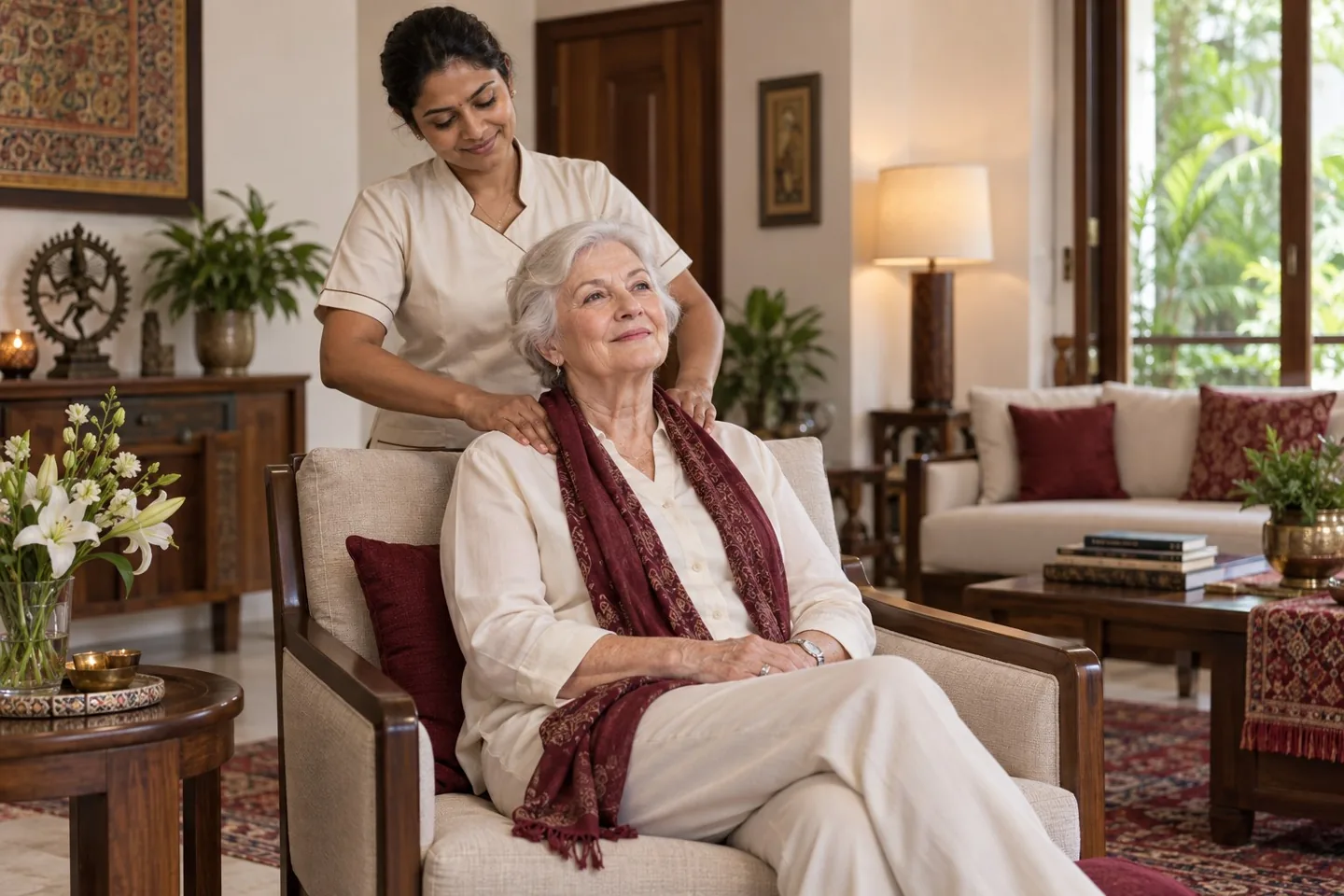 Indian female therapist providing a gentle shoulder massage to an older European woman