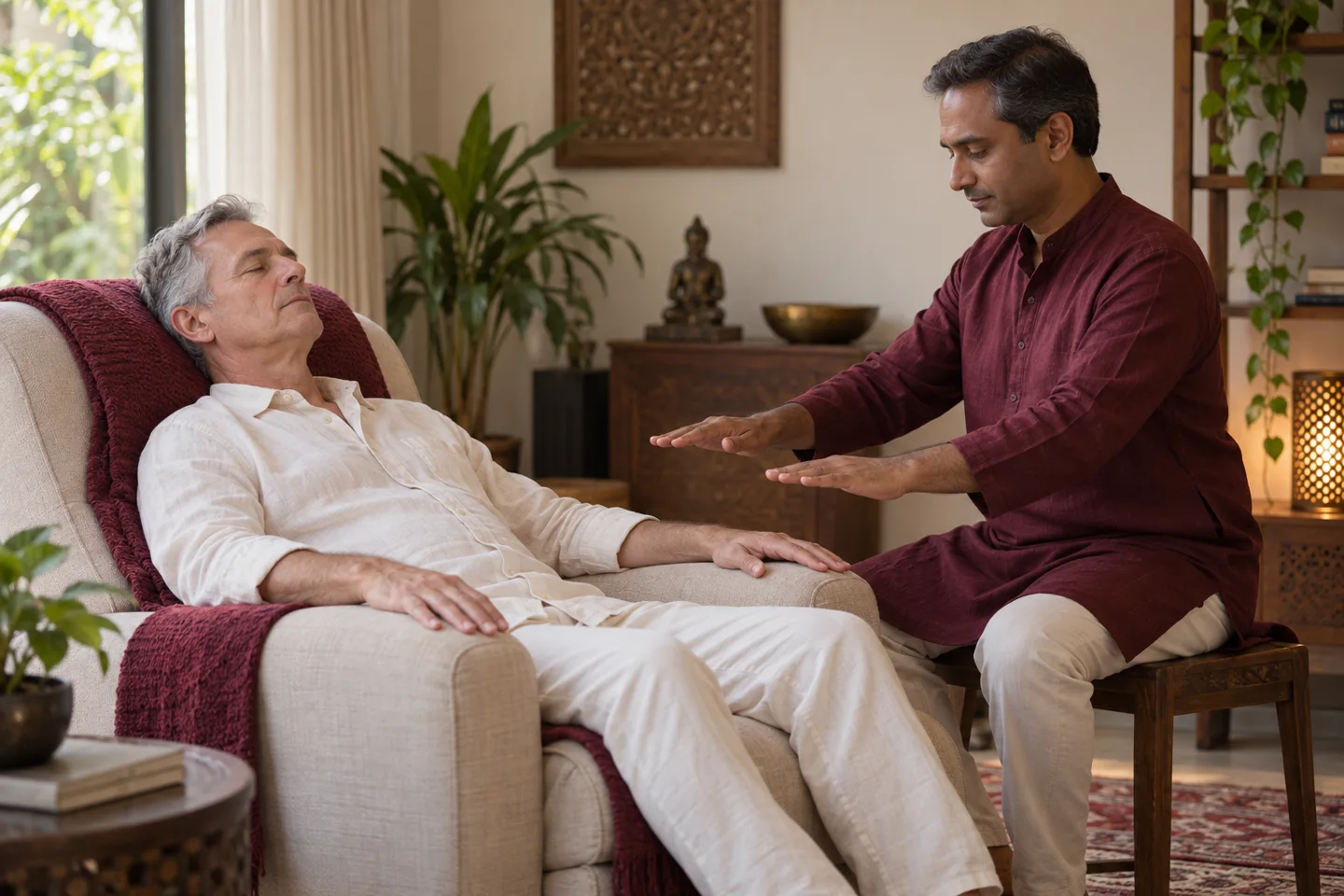Indian practitioner providing a hands-off relaxation session for a European man (illustrative image)