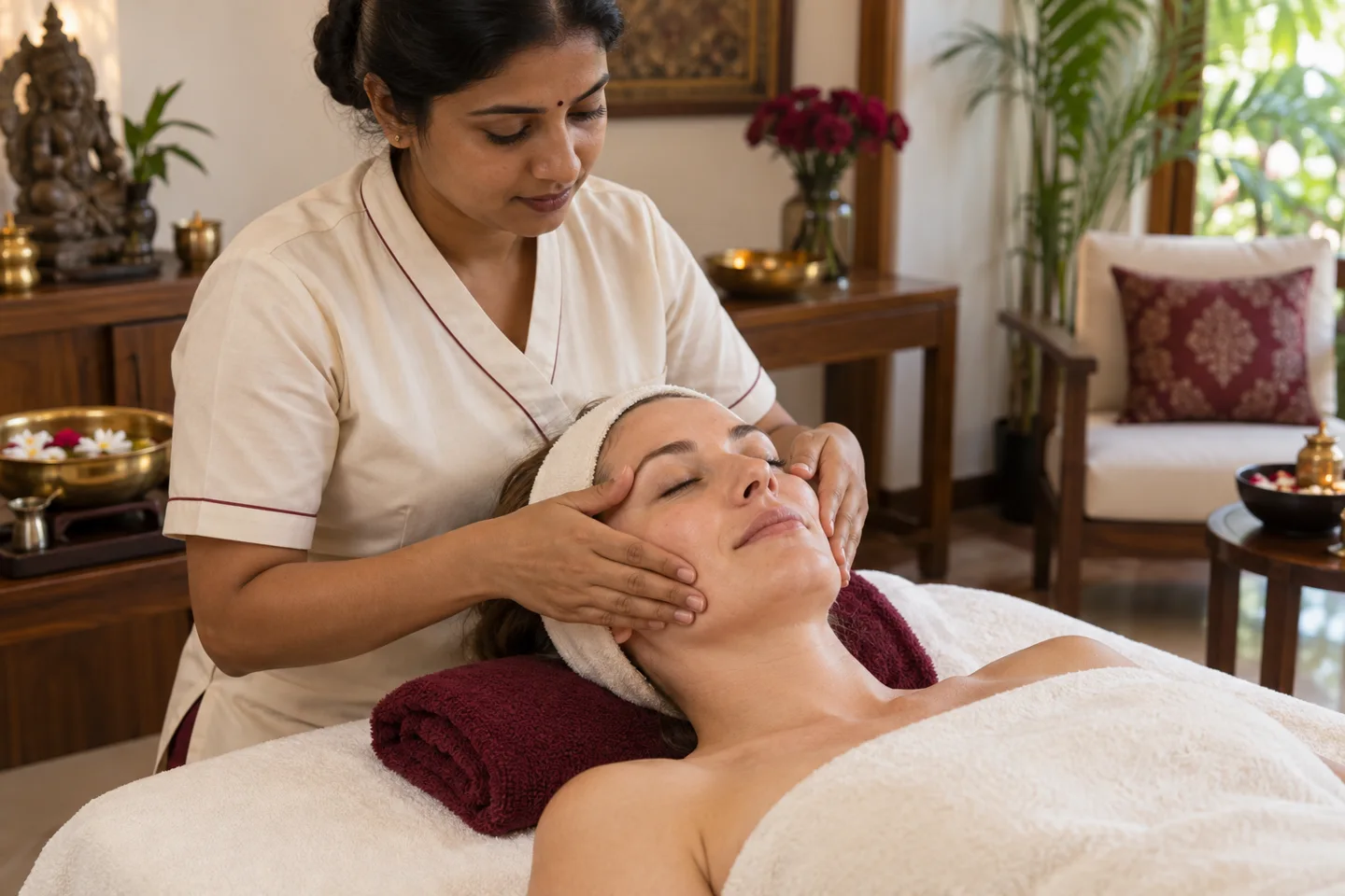 Indian therapist giving a European client a gentle facial massage (illustrative image)