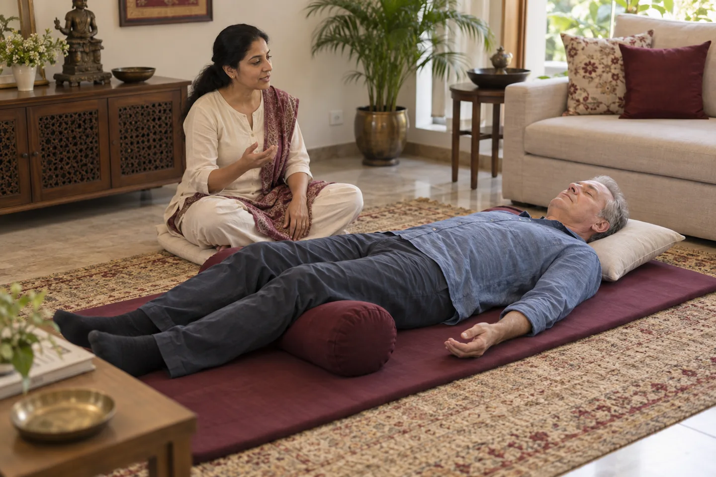Indian instructor guiding an older European man resting on a supported floor mat (illustrative image)
