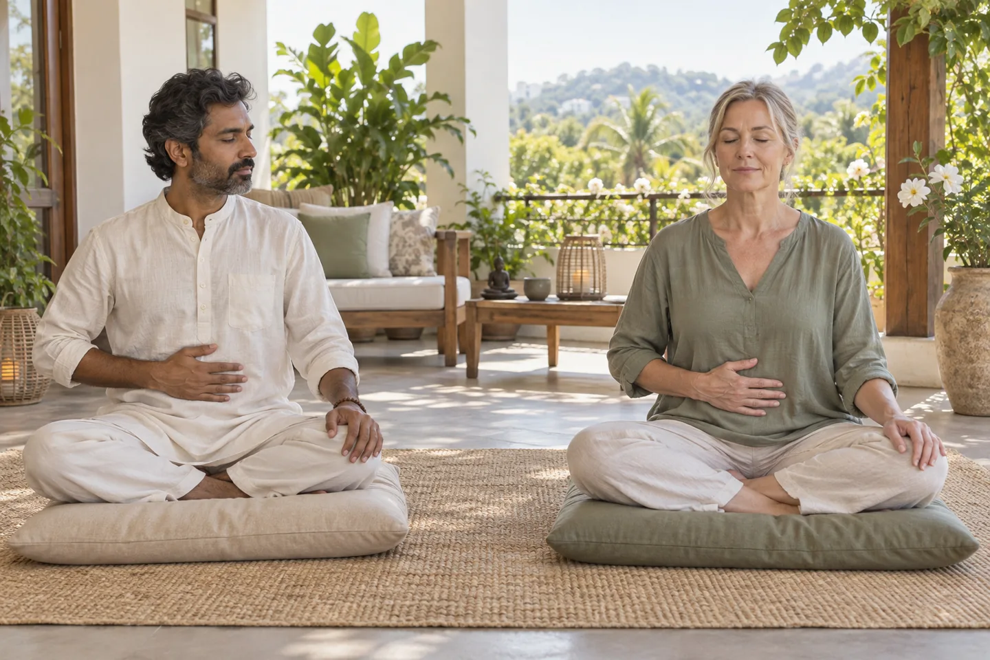 Indian instructor and European woman practicing seated breath awareness (illustrative image)