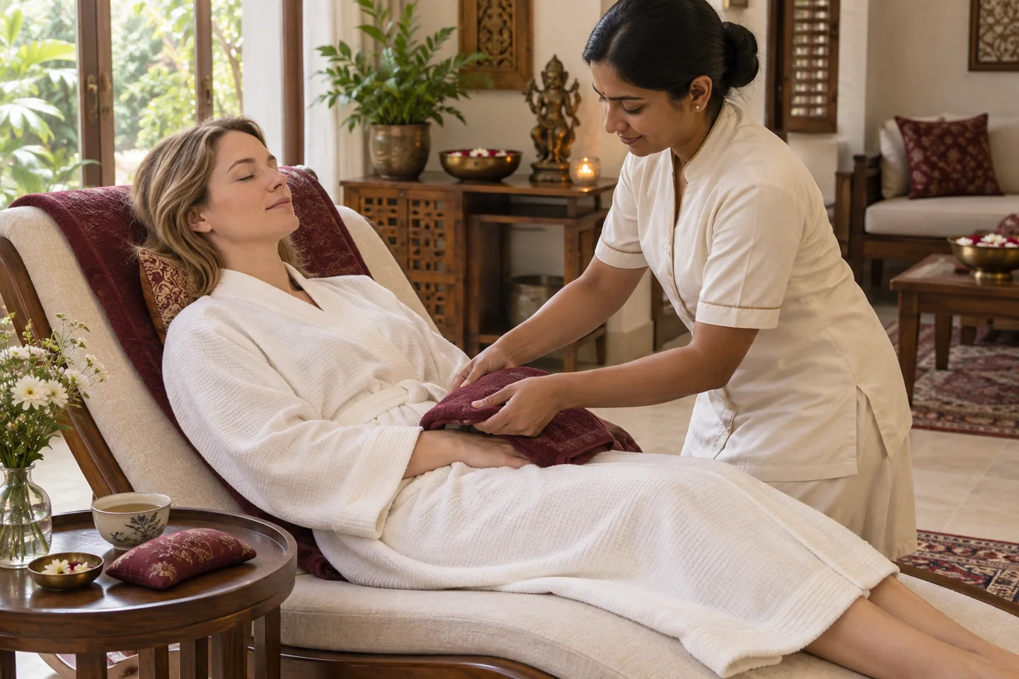 Indian therapist preparing warm towels for a European client’s relaxation ritual (illustrative image)