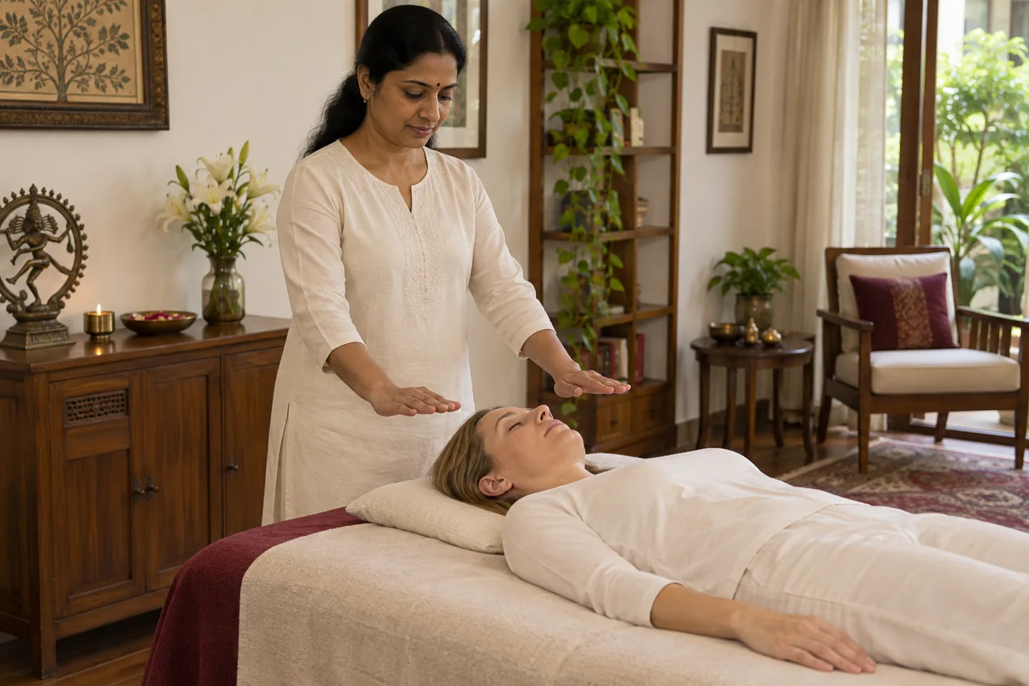 Indian Reiki practitioner holding her hands above a fully clothed European client (illustrative image)