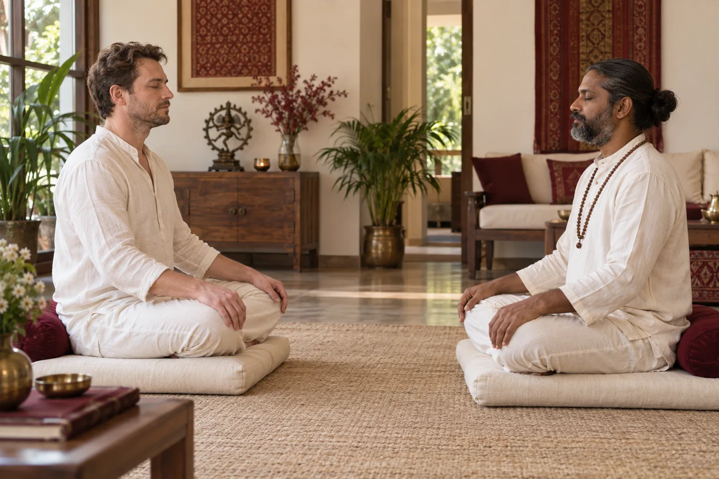 Indian meditation guide and European male client seated on separate cushions (illustrative image)